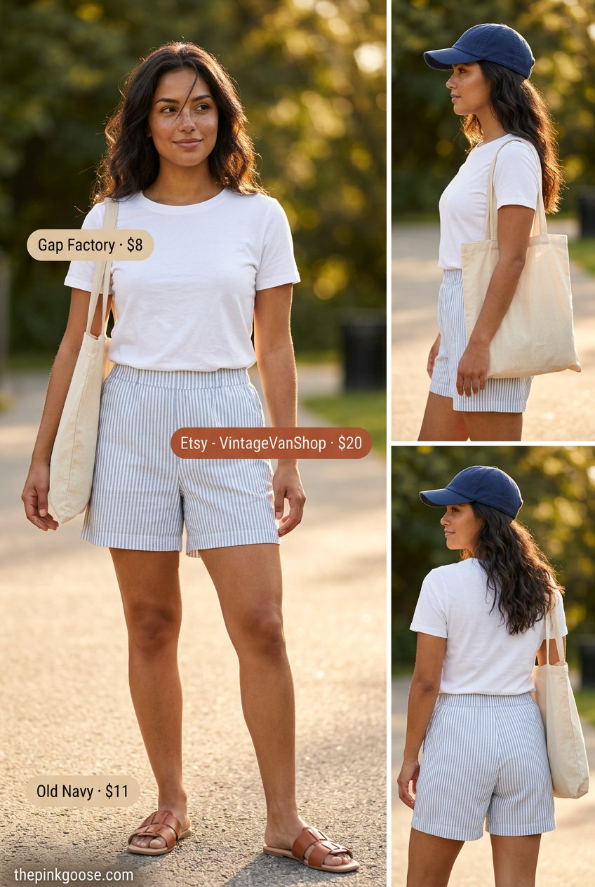 Summer Stripe Outfits for Women 2026: Blue & white striped shorts with a white tee for relaxed weekend style.