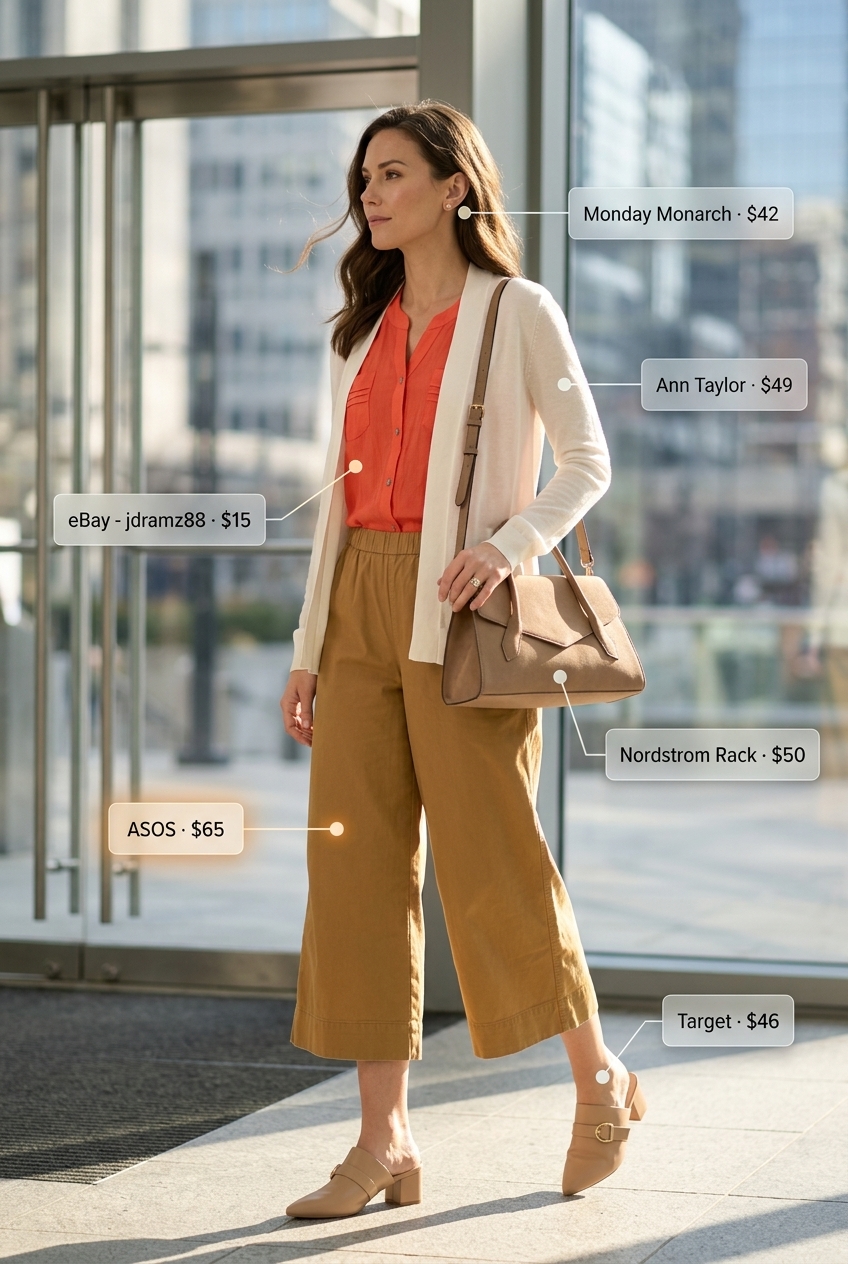 Beige tailored culottes for women, perfect for a fresh summer boardroom look 2026. Styled with coral blouse & open-front cardigan.