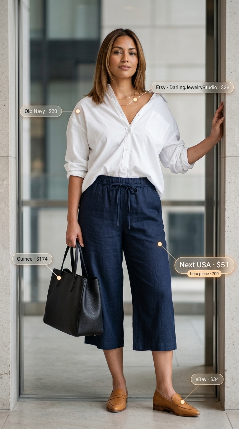 Navy tailored culottes for women, for an effortless chic office style 2026. Styled with white button-down shirt & beige knit vest.