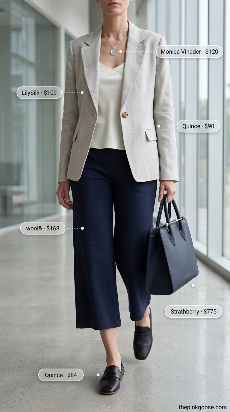 Navy tailored culottes for women, for a minimalist workwear style 2026. Styled with ivory silk cami & light grey blazer.