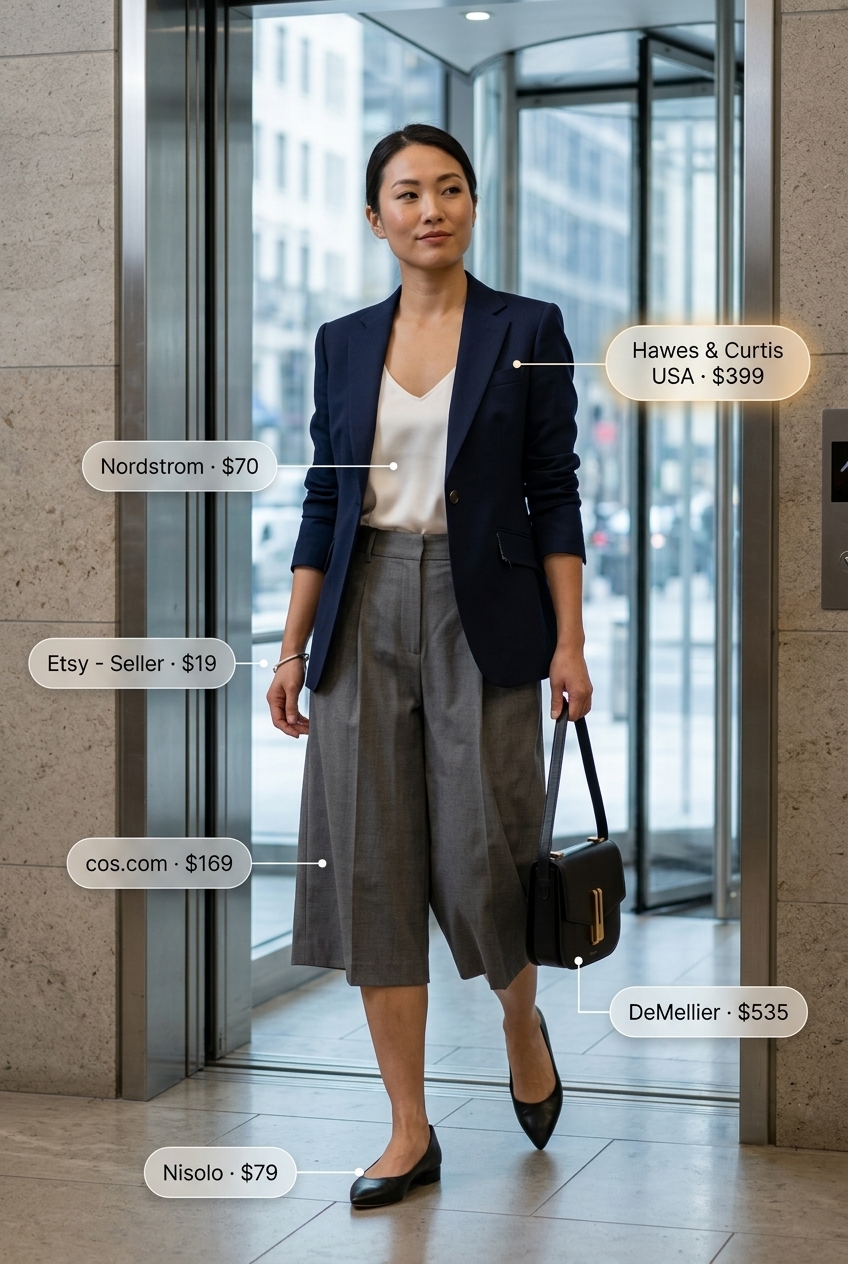 Charcoal grey tailored culottes for women, for a modern professional office look 2026. Paired with navy blazer & white shell top.