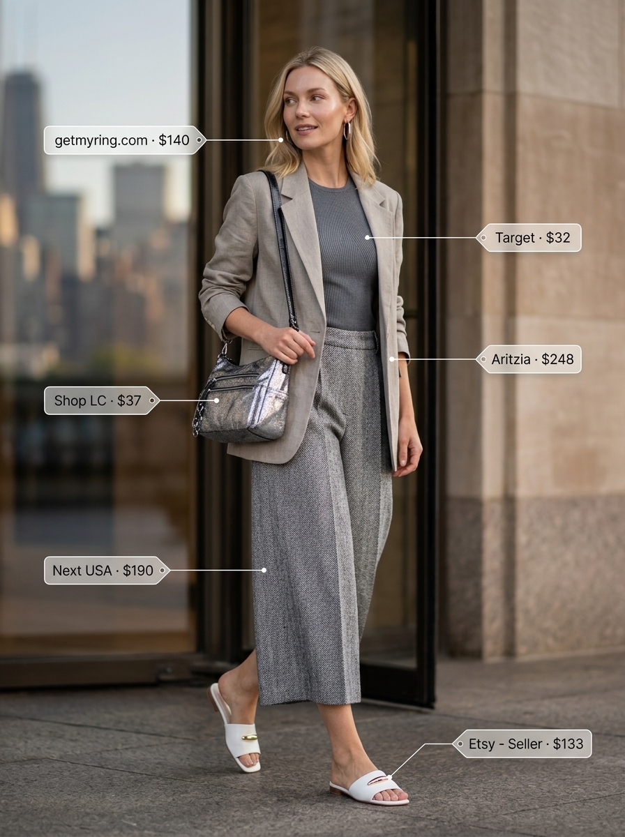Light grey tailored culottes for women, for a modern monochromatic comfort look 2026. Paired with cream blazer & grey knit top.
