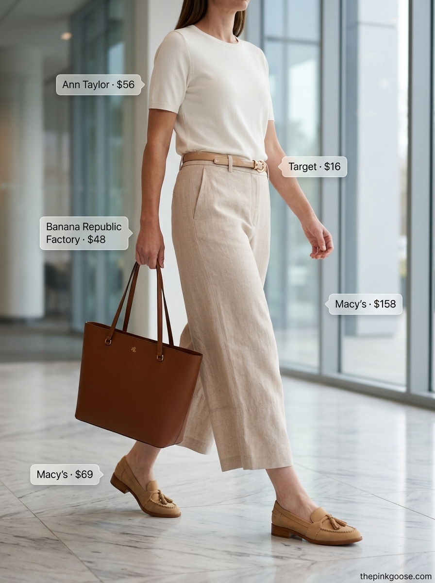 Beige linen tailored culottes for women, perfect for a fresh summer office look 2026. Paired with ivory knit top & tan loafers.