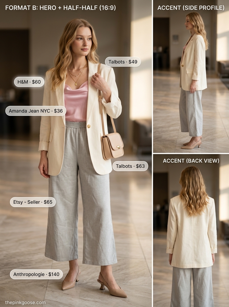 Light grey tailored culottes for women, ideal for a soft power dressing office look 2026. Styled with blush satin cami & cream blazer.