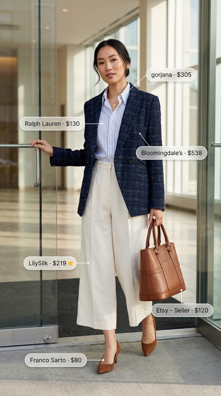 Cream tailored culottes for women, for a textured professional office look 2026. Styled with pinstripe shirt & tweed blazer.