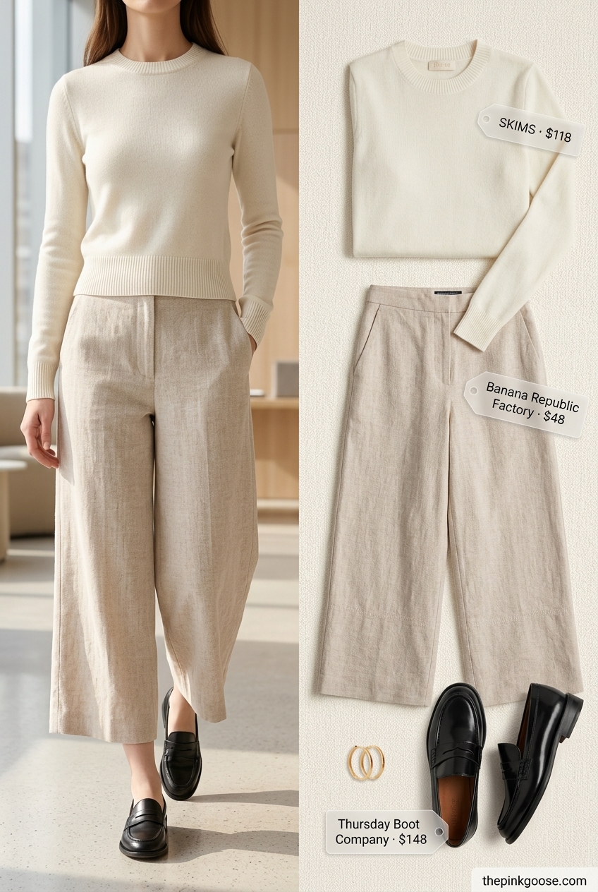 Summer tailored culottes for women for the office 2026: Beige culottes, cream top, loafers, tote bag.