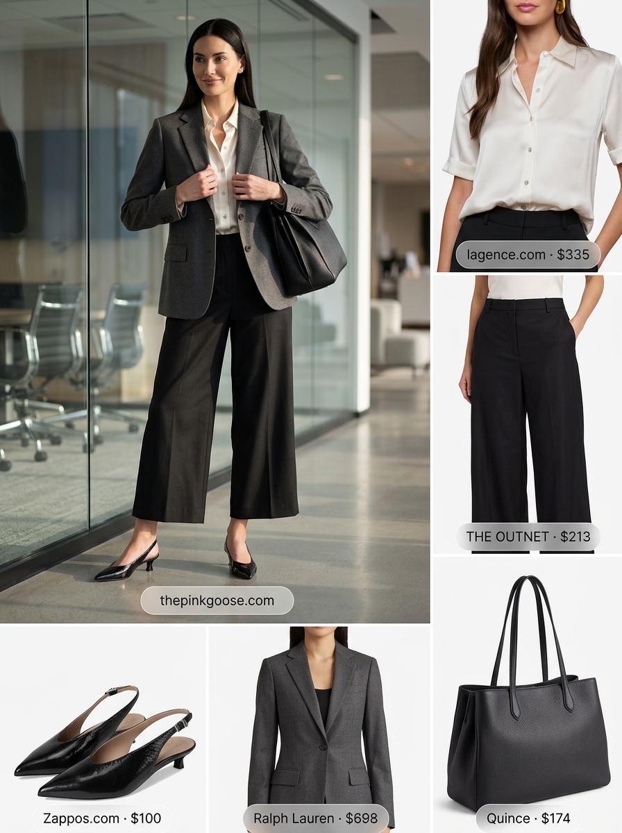 Summer tailored culottes for women for the office 2026: Black culottes, ivory blouse, grey blazer, pumps.