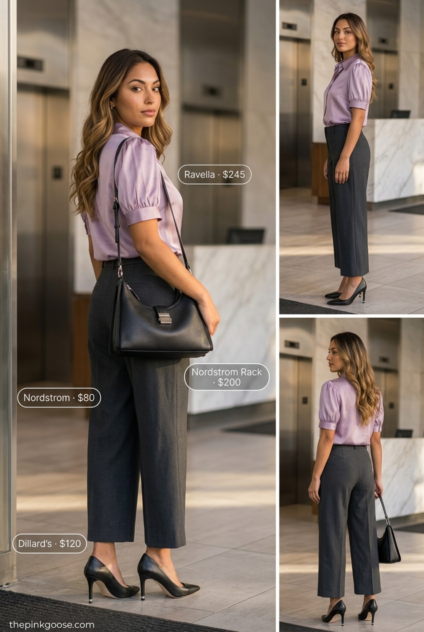 Summer tailored culottes for women for the office 2026: Charcoal culottes, lavender blouse, pumps, shoulder bag.