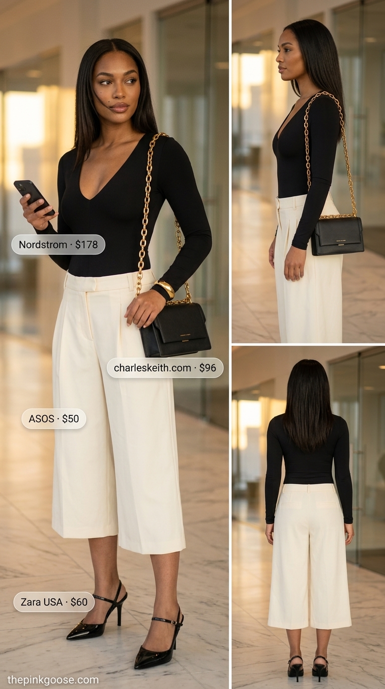 Summer tailored culottes for women for the office 2026: Cream culottes, black bodysuit, slingbacks, crossbody bag.