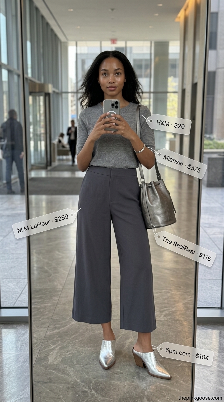 Summer tailored culottes for women for the office 2026: Light grey culottes, grey sweater, mules, bucket bag.
