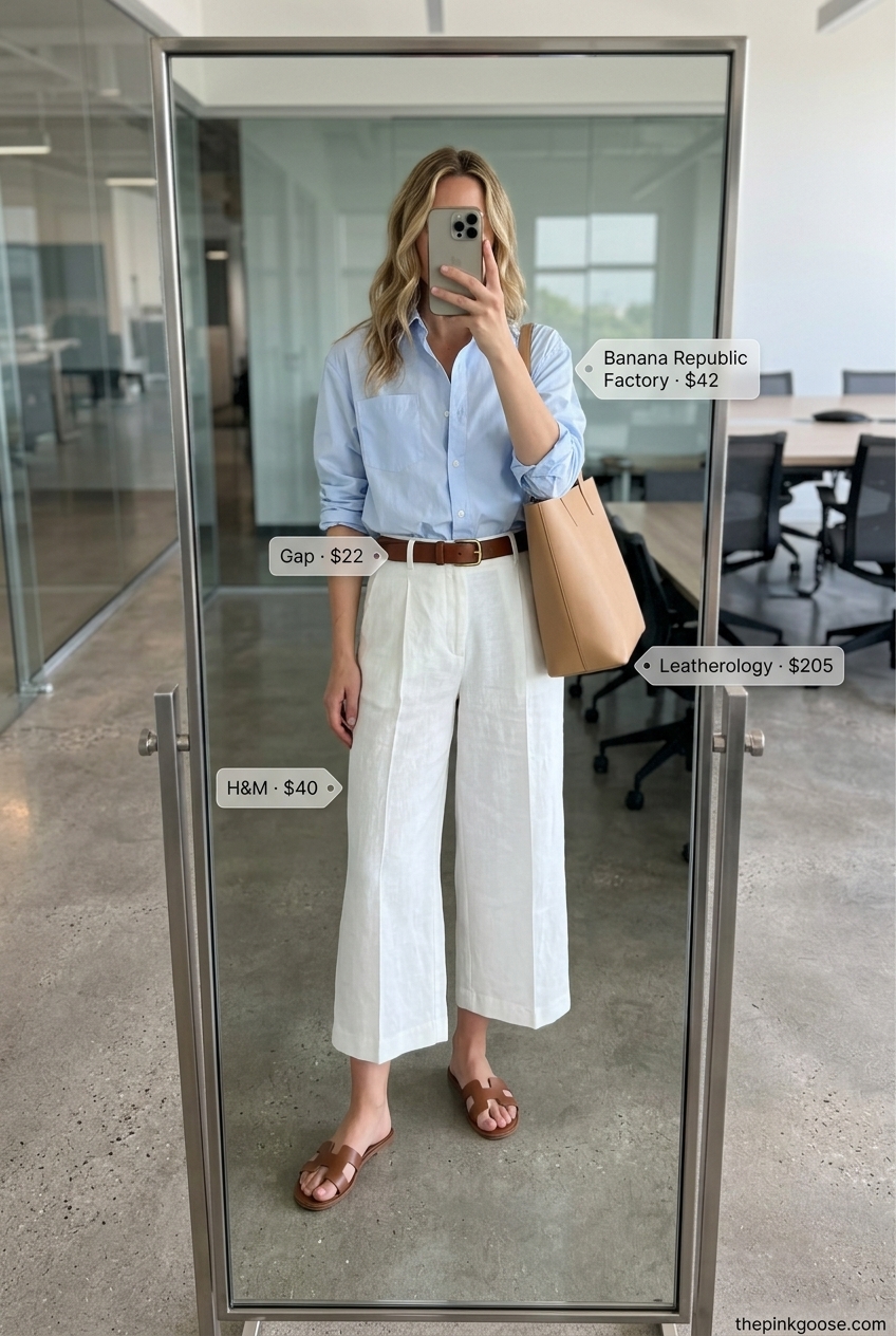 Summer tailored culottes for women for the office 2026: White culottes, light blue shirt, tan mules, tote bag.
