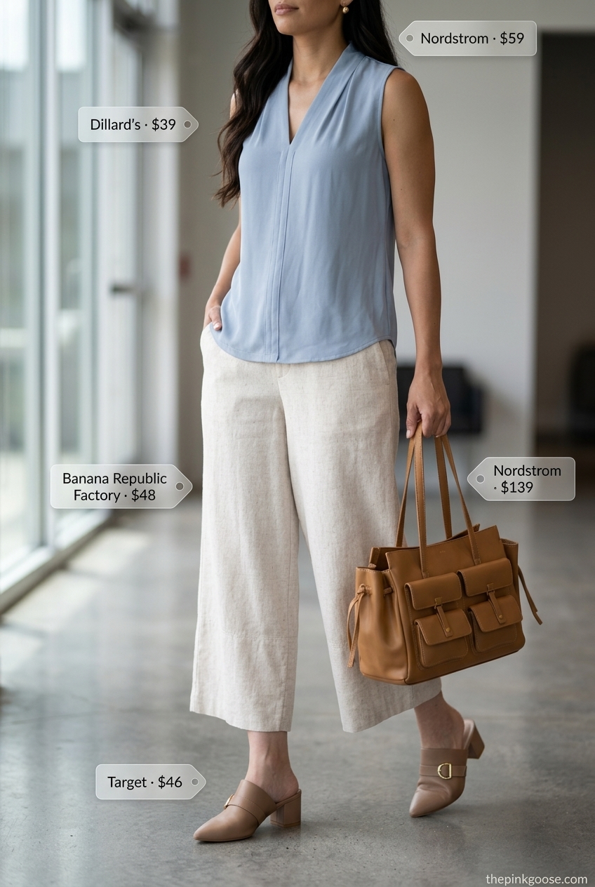 Beige tailored culottes for women for the office 2026, styled with a light blue blouse and linen blazer for a soft professional look.