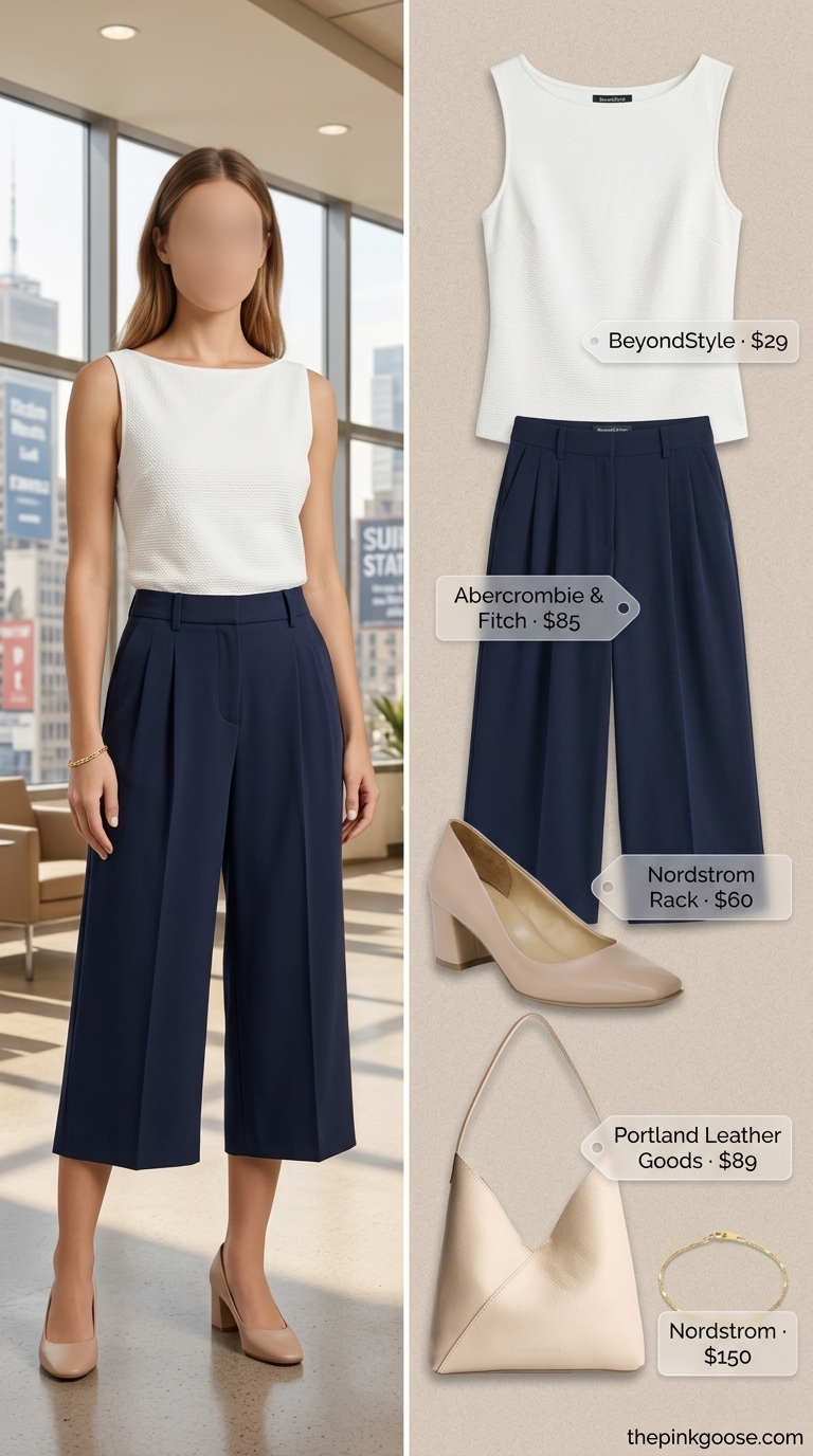 Black tailored culottes for women for the office 2026, paired with a white knit top and beige shoulder bag for a polished business casual look.