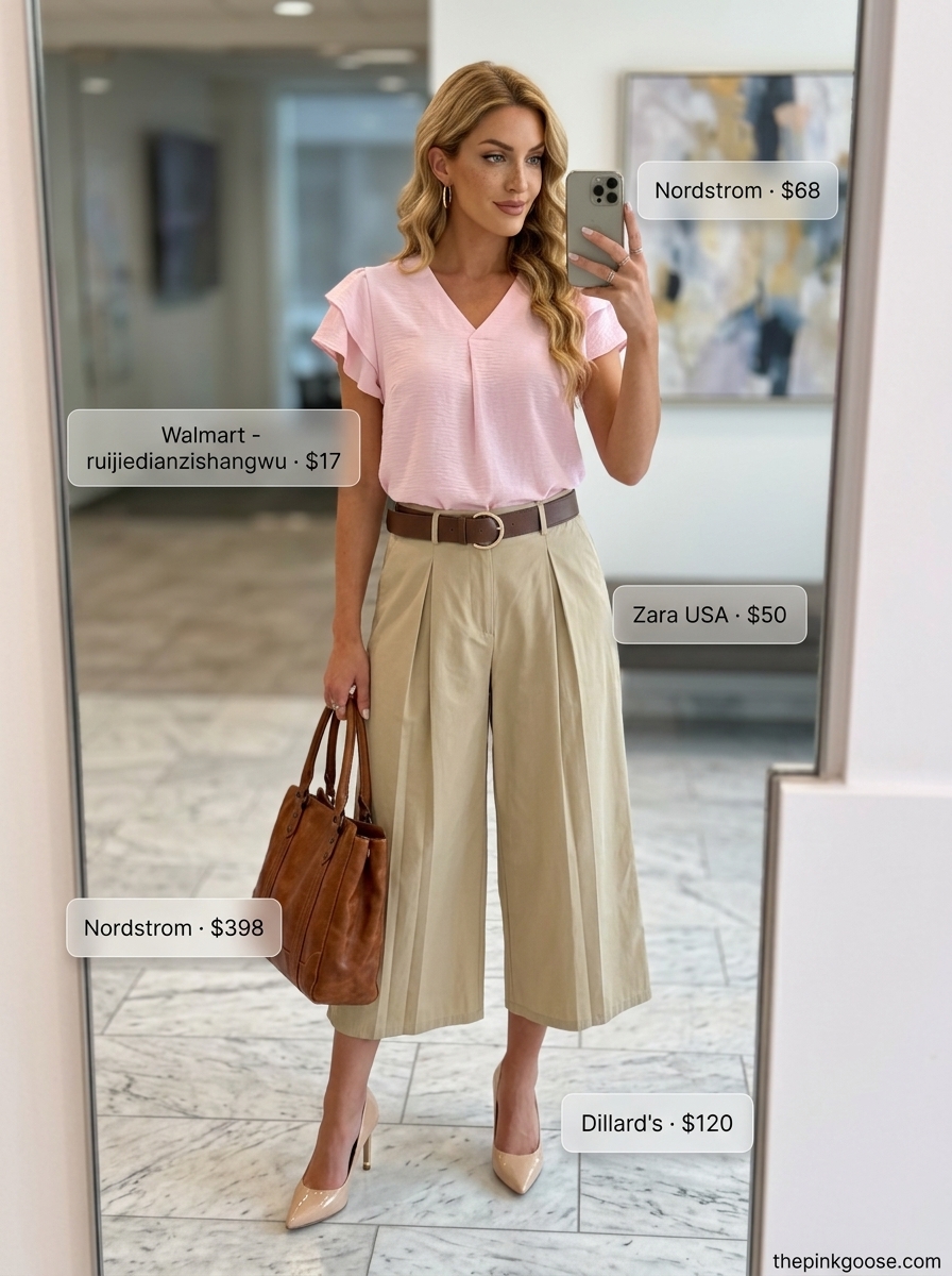 Cream tailored culottes for women for the office 2026, styled with a light pink blouse and beige pumps for an elegant, comfortable look.