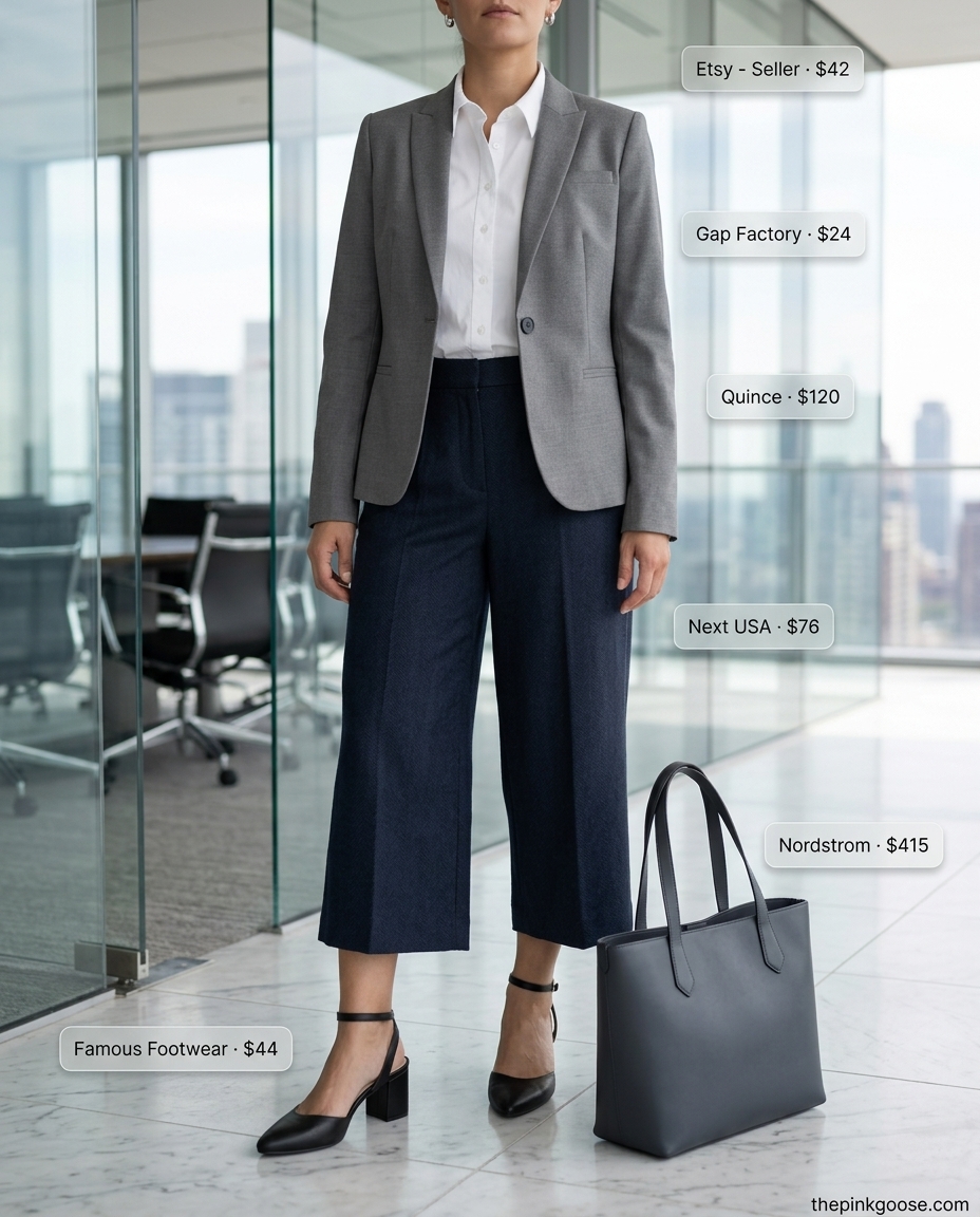 Navy tailored culottes for women for the office 2026, paired with a white button-down and grey blazer for an executive power play look.