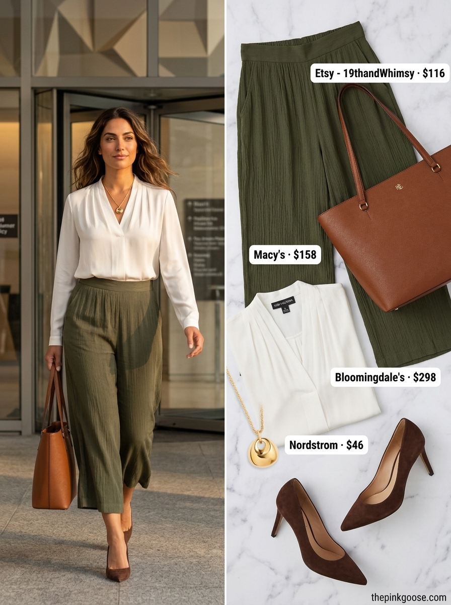Olive green tailored culottes for women for the office 2026, paired with a cream silk blouse and brown loafers for a chic look.