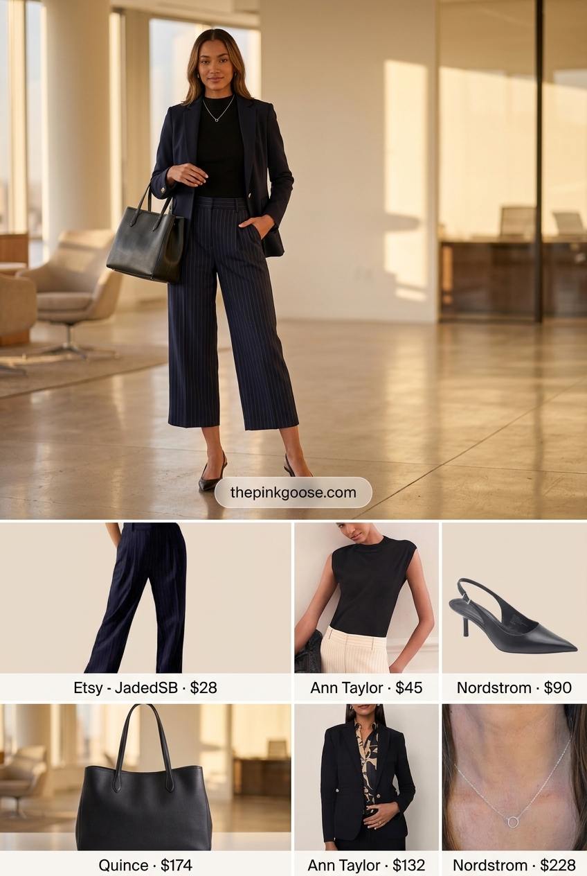 Navy and white striped tailored culottes for women for the office 2026, paired with a black blazer and silver jewelry for a chic, classic look.