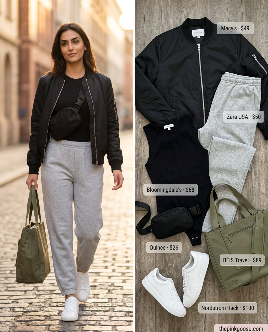 Summer Tote Bag Outfits for Women 2026: Athleisure look with grey joggers, bomber jacket & crossbody bag.