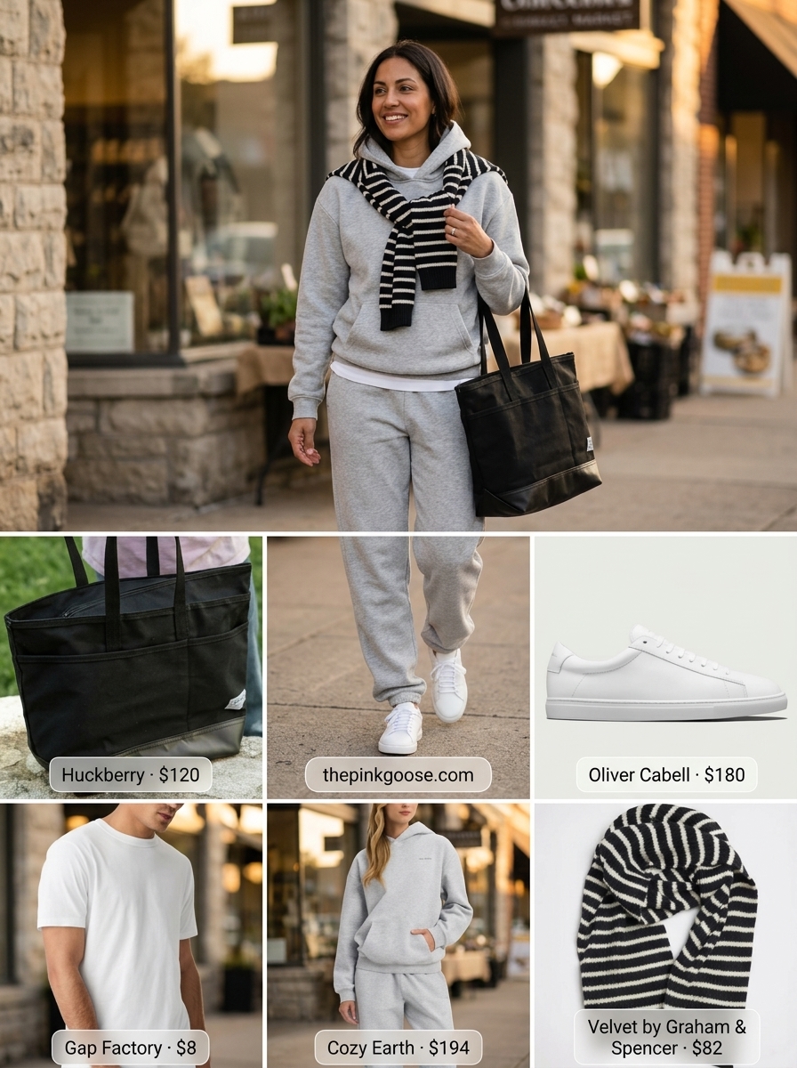 Summer Tote Bag Outfits for Women 2026: Grey jogger set, white tee, sneakers, and large tote for travel.