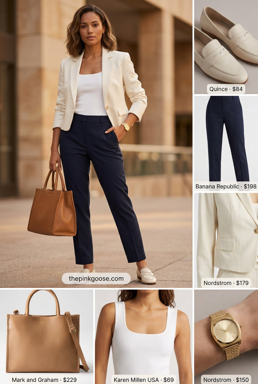Summer Tote Bag Outfits for Women 2026: Navy trousers, cropped blazer, leather tote for business.