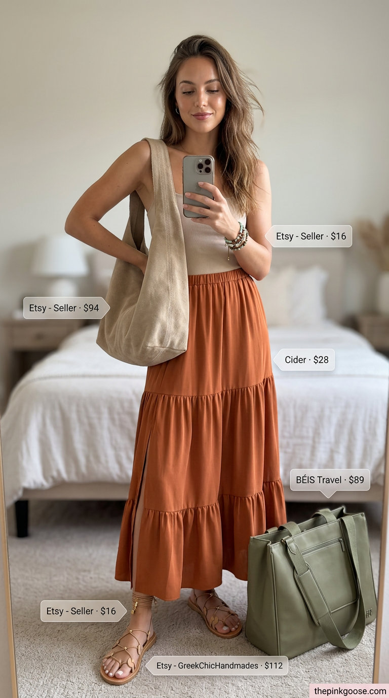 Summer Tote Bag Outfits for Women 2026: Terracotta maxi skirt, crochet top, and tote bag for festivals.