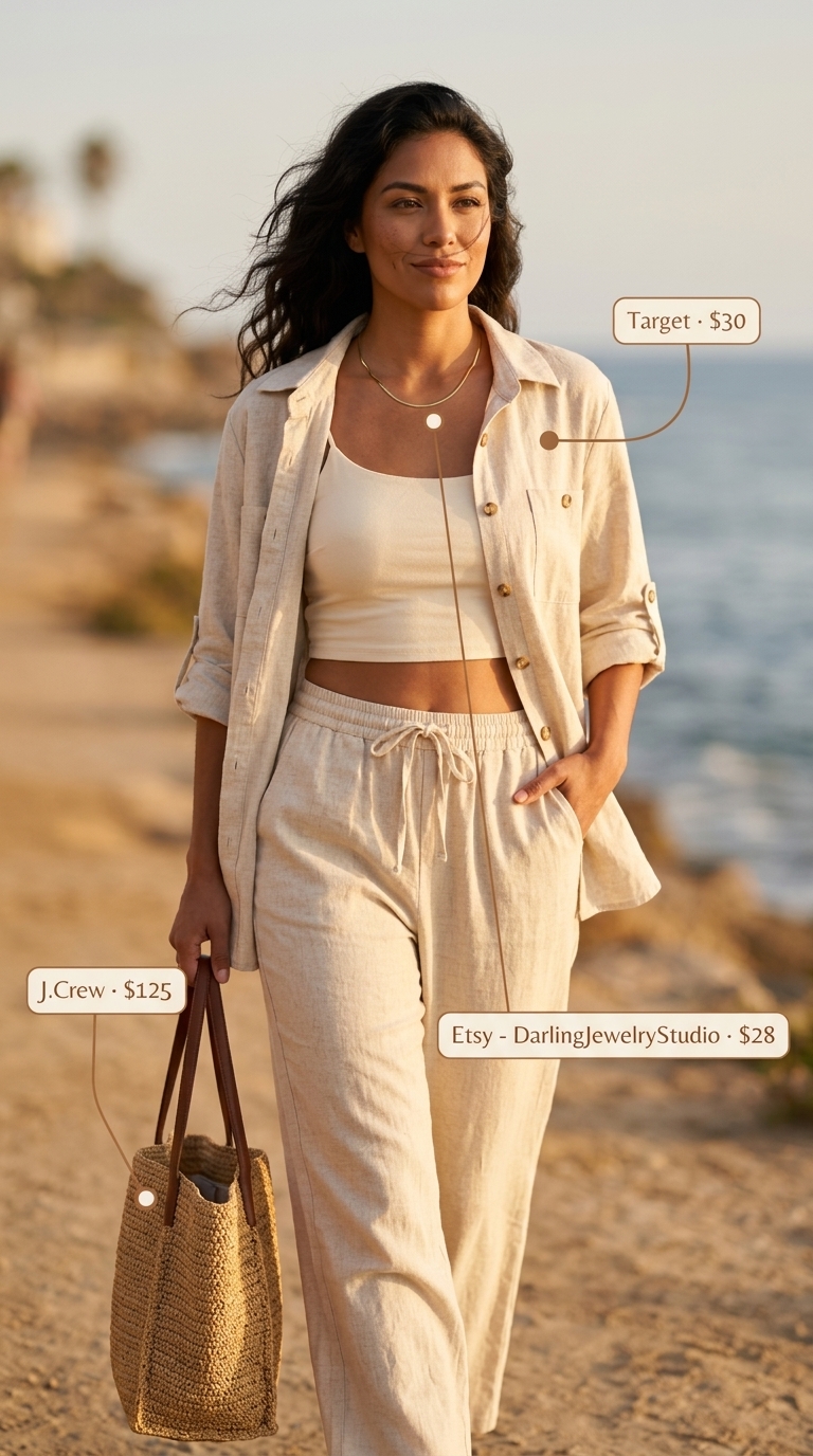 Summer Tote Bag Outfits for Women 2026: Chic linen set with straw tote, sandals, and gold necklace.