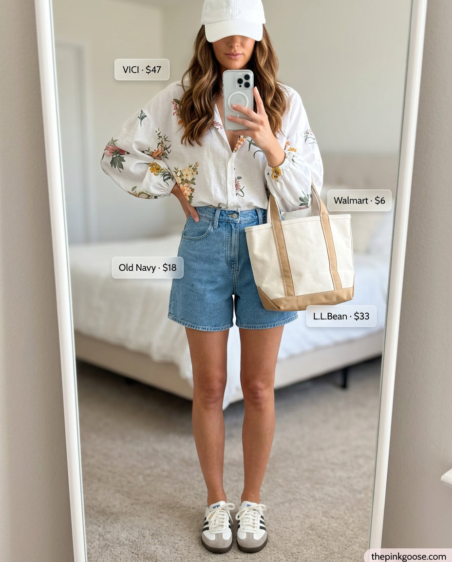 Summer Tote Bag Outfits for Women 2026: Denim shorts, floral shirt, and canvas tote for picnics.