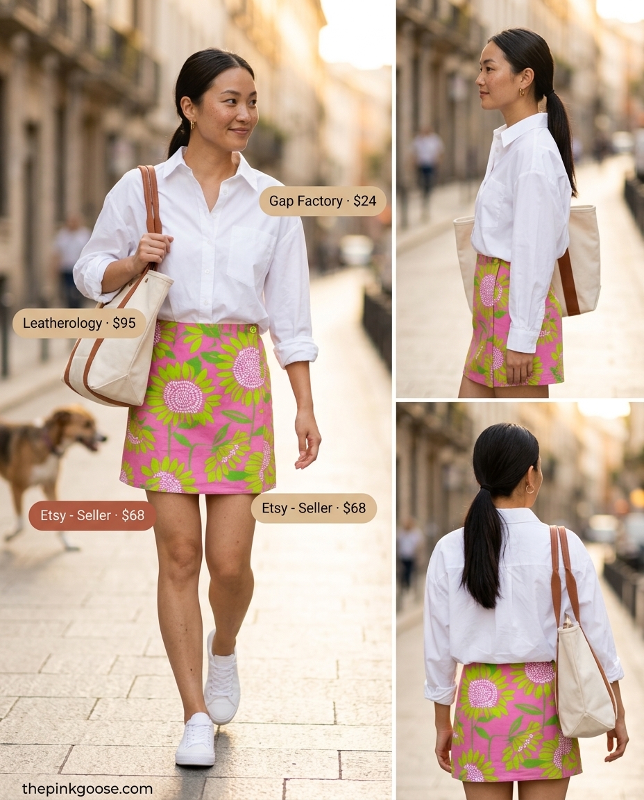 Summer Tote Bag Outfits for Women 2026: Pink floral mini skirt, oversized white shirt, canvas tote.
