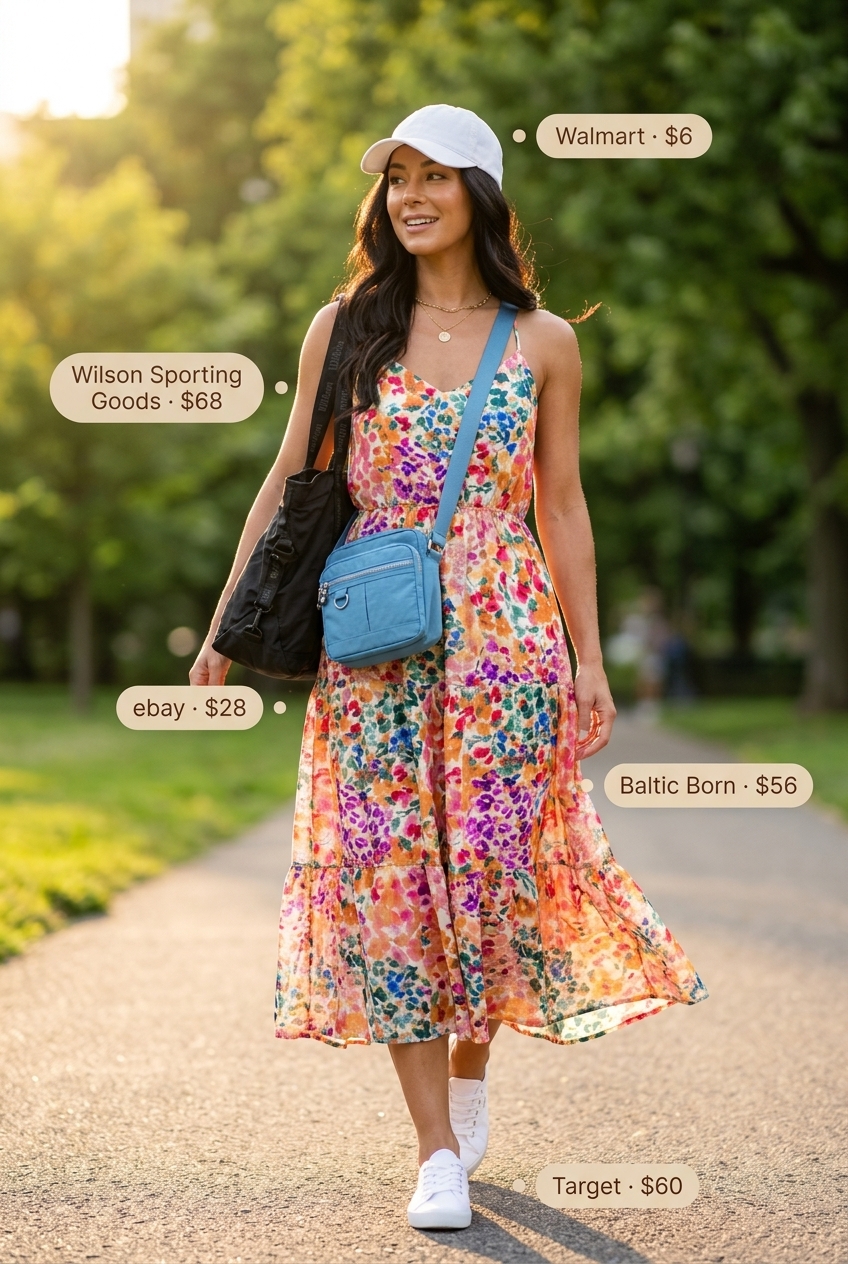 Summer Tote Bag Outfits for Women 2026: Floral sundress with sneakers, crossbody bag, and cap.