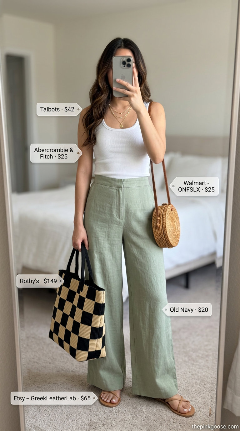 Summer Tote Bag Outfits for Women 2026: Sage green linen pants, white tank, straw crossbody.