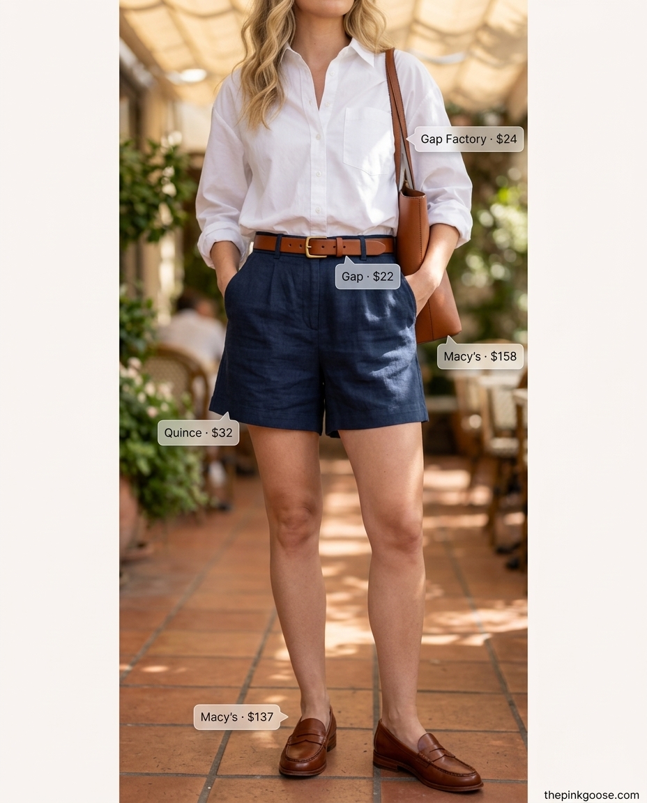 Summer Tote Bag Outfits for Women 2026: Navy linen shorts, white shirt, brown loafers & tote bag for brunch.