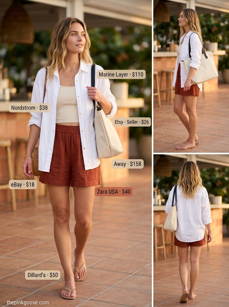 Summer Tote Bag Outfits for Women 2026: Terracotta linen shorts, white linen shirt, and tote bag for evenings.
