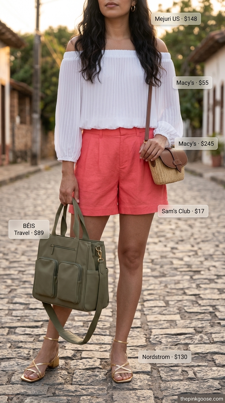 Summer Tote Bag Outfits for Women 2026: Coral linen shorts, off-shoulder blouse, and tote bag for resort wear.