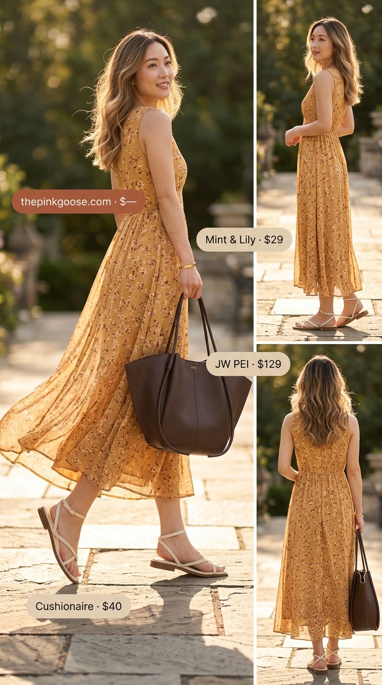 Summer Tote Bag Outfits for Women 2026: Golden yellow maxi dress, straw crossbody, flat sandals.