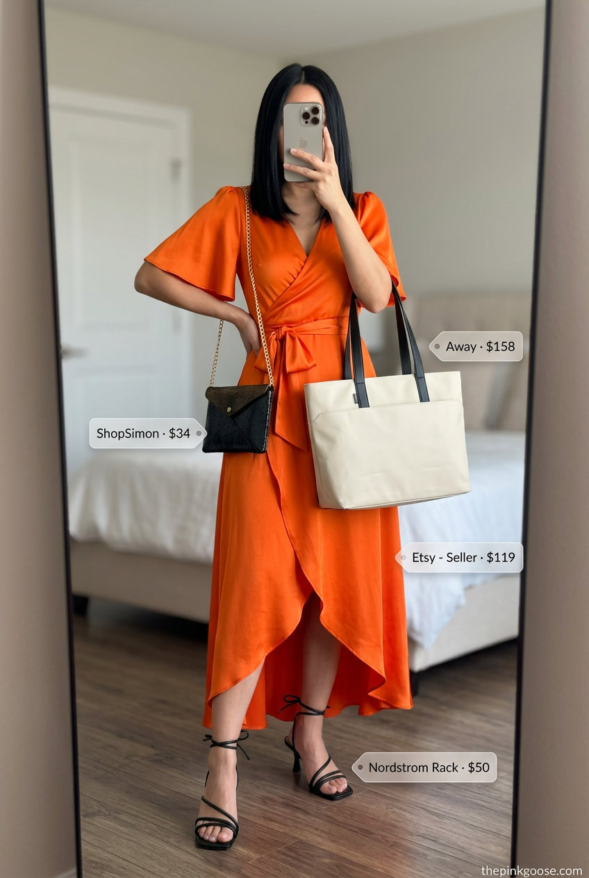 Summer Tote Bag Outfits for Women 2026: Mango orange midi dress, black heels, statement earrings.