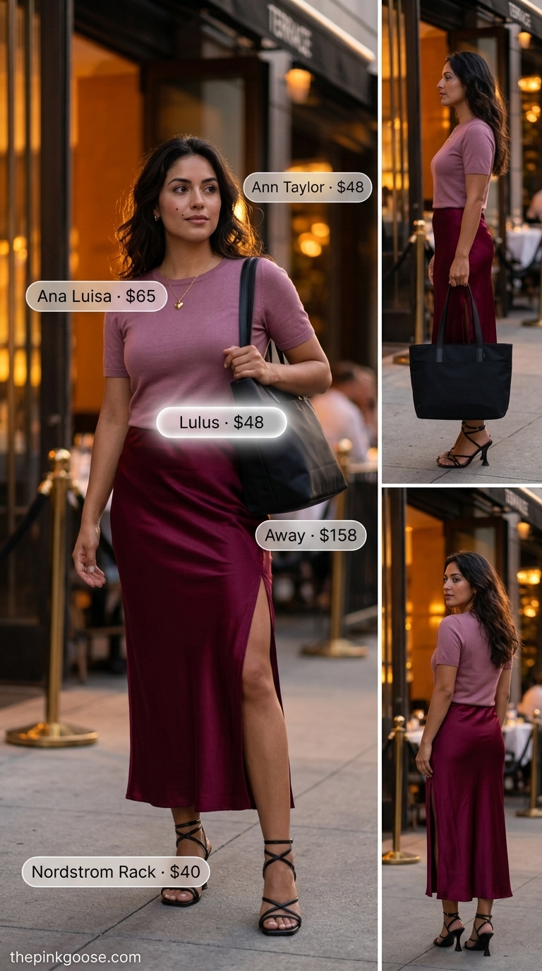 Summer Tote Bag Outfits for Women 2026: Burgundy slip skirt, knit top, and tote bag for evenings.