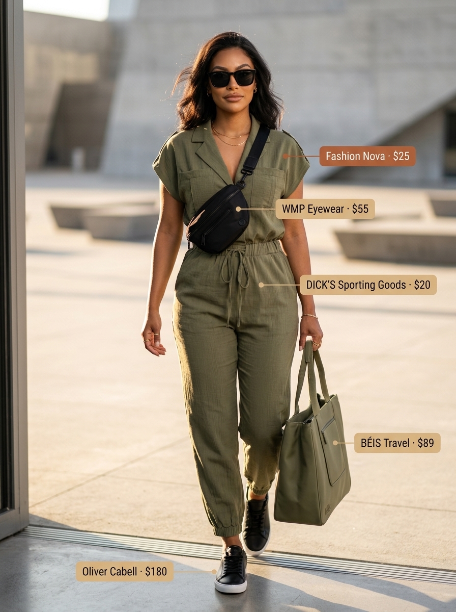 Summer Tote Bag Outfits for Women 2026: Utility jumpsuit with belt bag, sneakers, and sunglasses.
