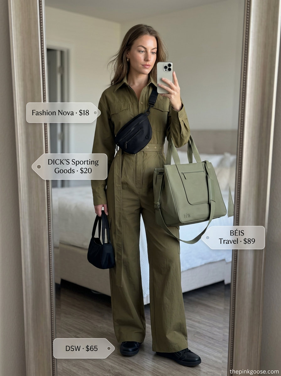 Summer Tote Bag Outfits for Women 2026: Olive green jumpsuit, black sneakers, and a tote bag for weekend adventures.