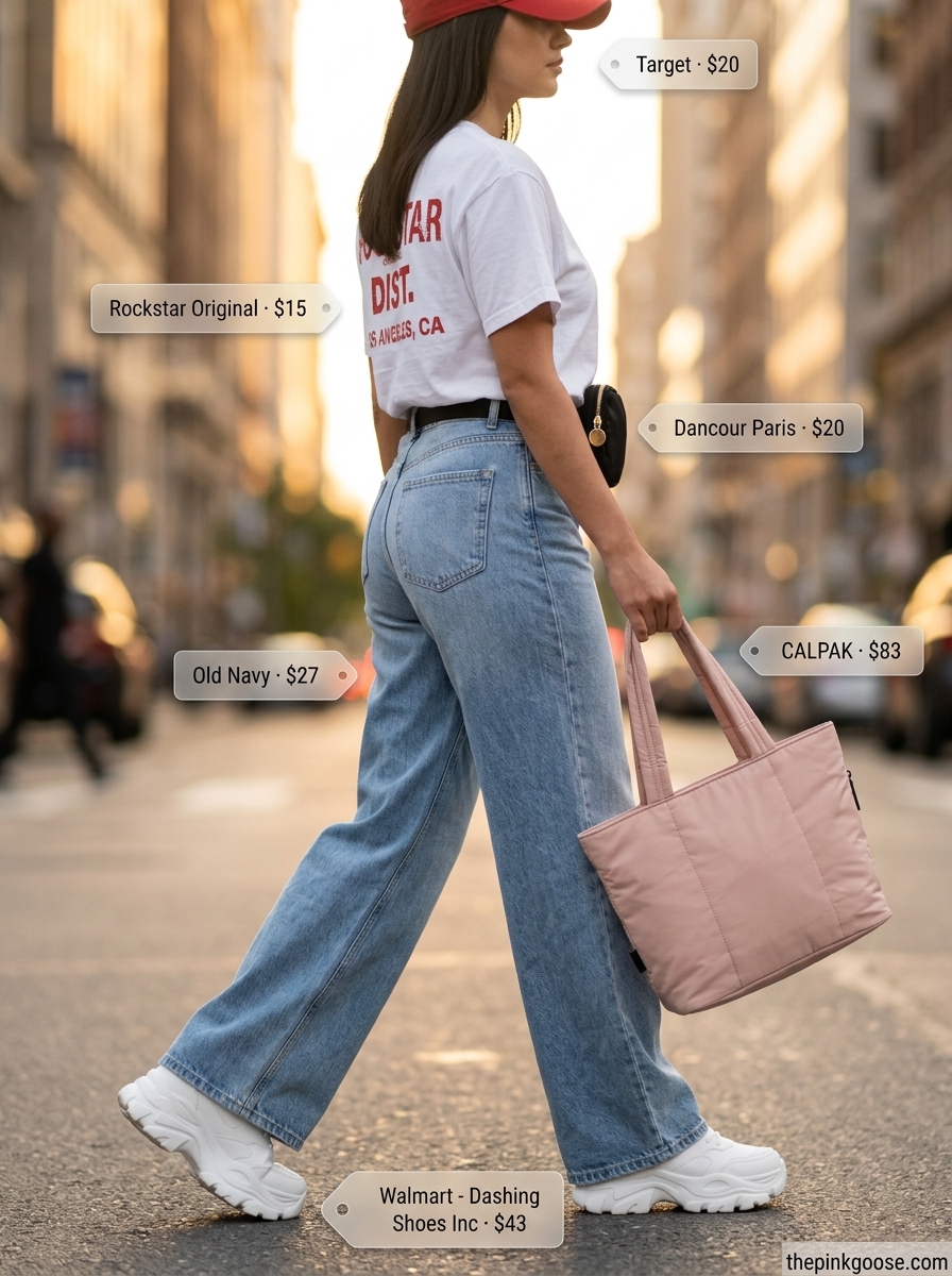 Summer Tote Bag Outfits for Women 2026: Wide-leg jeans with graphic tee, sneakers, and belt bag.