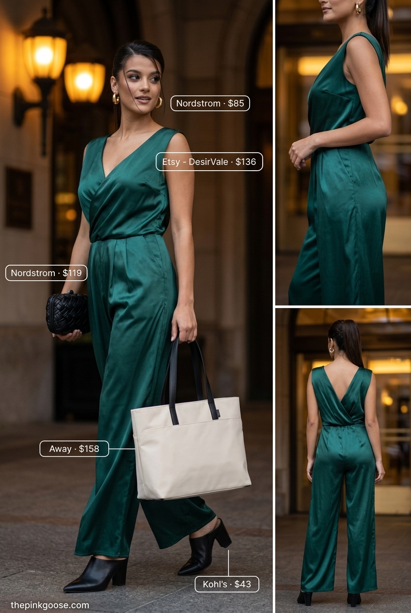 Summer Tote Bag Outfits for Women 2026: Wide-leg jumpsuit with heeled mules and clutch bag.