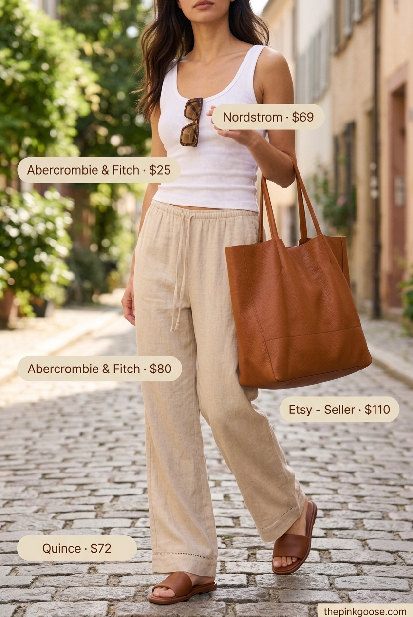 Summer Tote Bag Outfits for Women 2026: Wide-leg pants with large leather tote, sandals, and sunglasses.