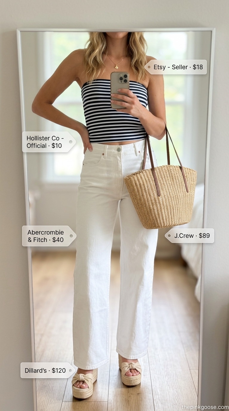 Boardwalk Breeze: Tube Top & Jeans Outfits 2026 Navy stripe knit tube top with white wide-leg jeans, straw tote, and espadrille wedges for beach vacation outfits 2026.