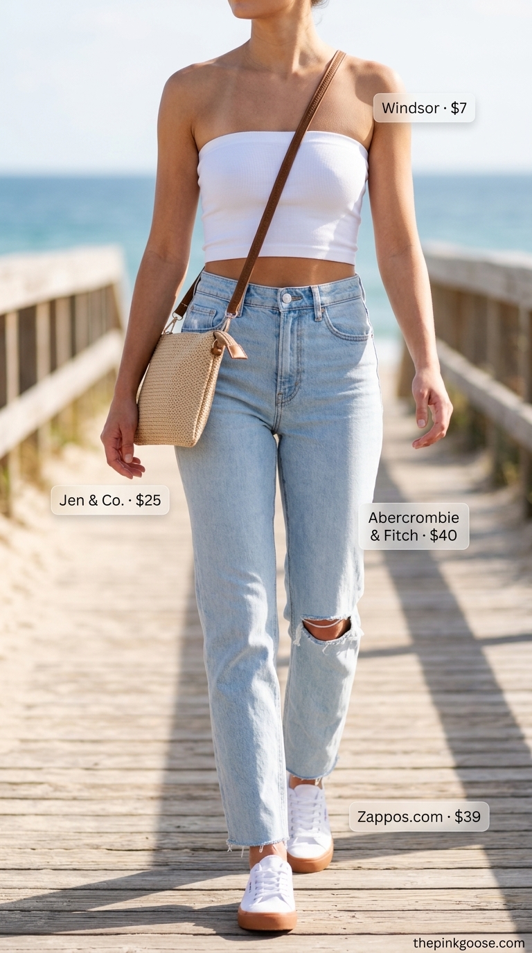 Boardwalk Breeze: Tube Top & Jeans Outfits 2026 White ribbed tube top with light wash straight-leg jeans, white sneakers, and straw crossbody for casual outfits 2026.