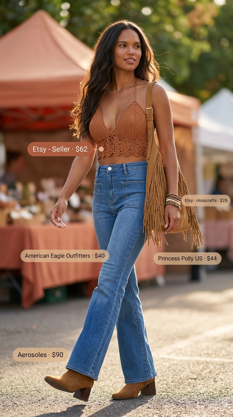 Boho Festival Tube Top & Jeans Outfits 2026 Boho Festival Spirit: Terracotta crochet tube top, medium wash flare jeans, brown fringe bag. Summer tube top with jeans outfits for women 2026.