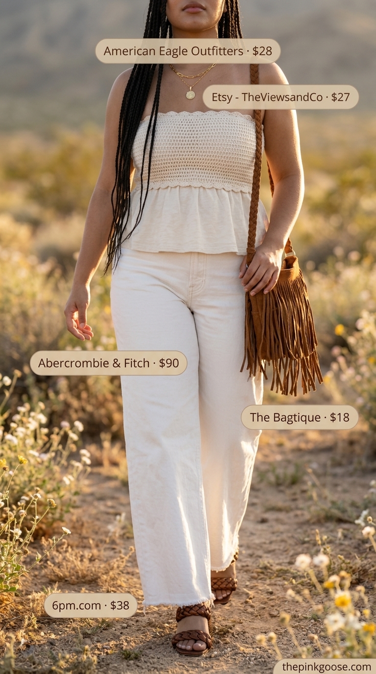 Boho Sunset Gathering: Tube Top & Jeans Outfits 2026 Cream crochet tube top with ecru wide-leg jeans, rust sandals, and fringe bag for boho festival outfits 2026.