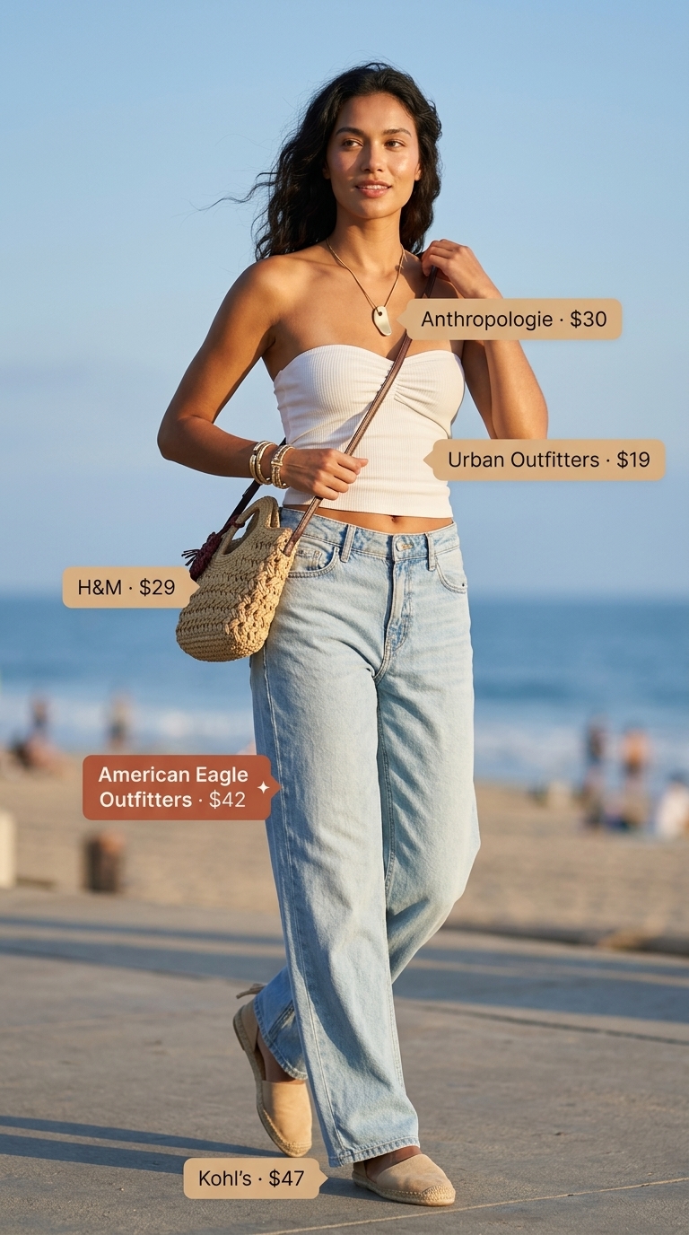 Relaxed Summer Tube Top & Jeans Outfits 2026 Relaxed summer tube top with jeans outfits for women 2026: Cream tube top, wide leg jeans, espadrilles.