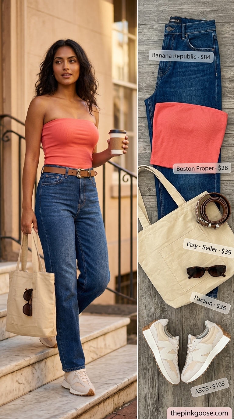 Coffee Shop Tube Top & Jeans Outfits 2026 Coffee Shop Creative: Terracotta knit tube top, medium blue '90s jeans, canvas tote, retro sneakers. Summer tube top with jeans outfits for women 2026.