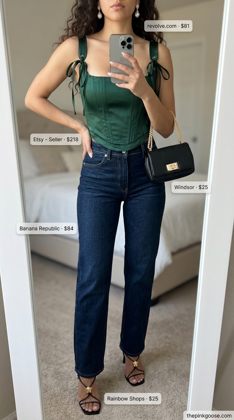 Glamorous Summer Tube Top & Jeans Outfits 2026 Glamorous summer tube top with jeans outfits for women 2026: Emerald satin tube top, dark indigo jeans, black sandals.