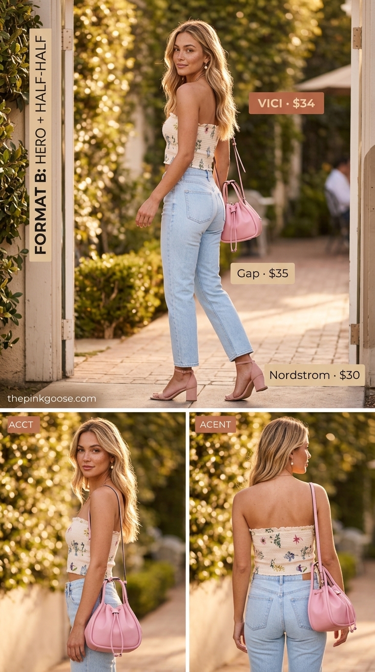 Romantic Summer Tube Top & Jeans Outfits 2026 Romantic summer tube top with jeans outfits for women 2026: Floral tube top, light blue jeans, nude sandals.