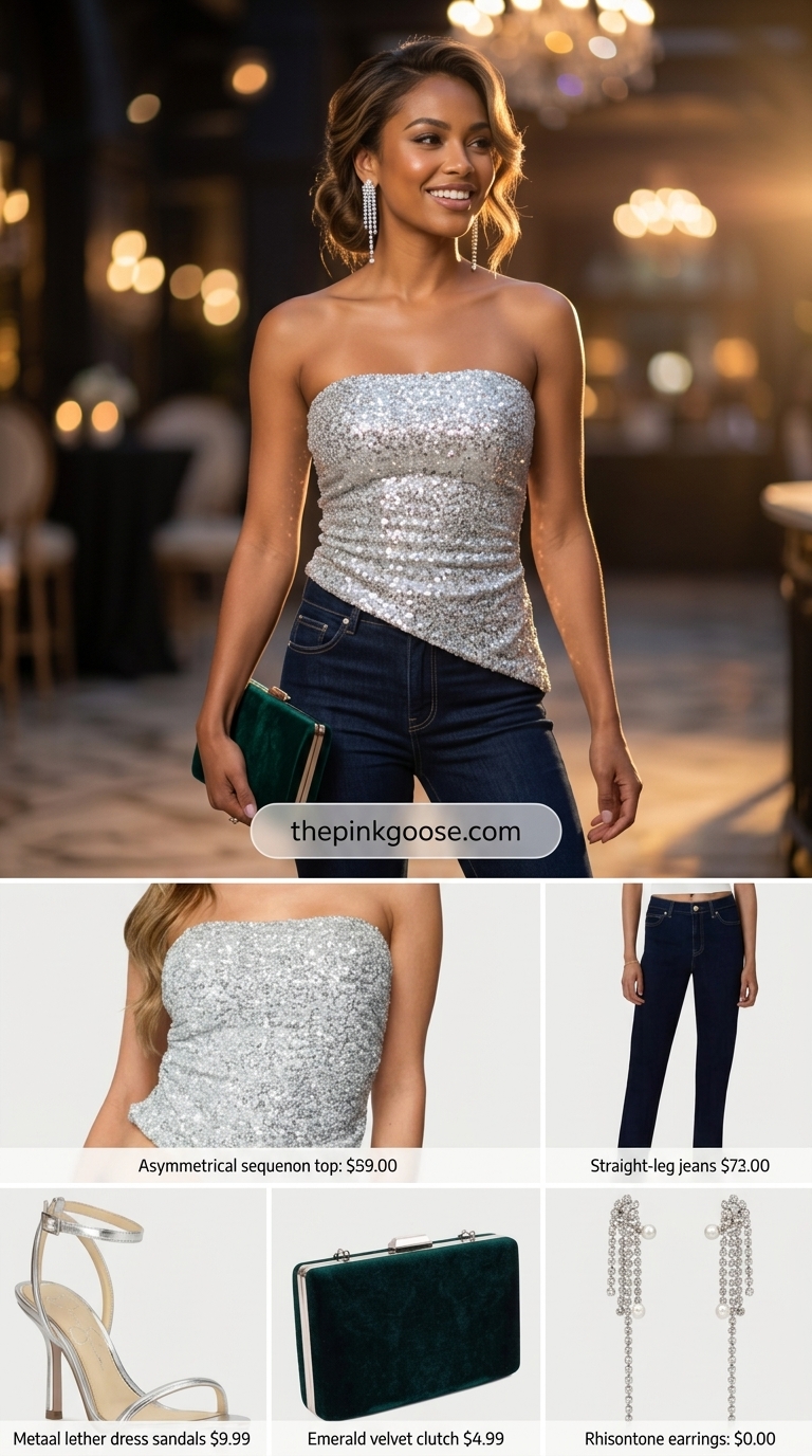 Gatsby Glam Tube Top & Jeans Outfits 2026 Gatsby Glam: Silver sequin tube top, deep indigo straight jeans, emerald clutch, silver heels. Summer tube top with jeans outfits for women 2026.